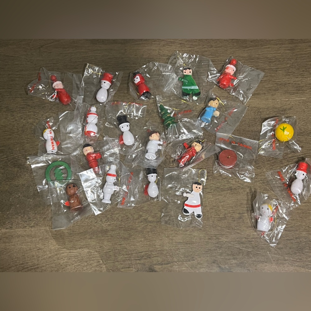 Vintage mini wooden Christmas ornaments. Lot of 22 NOS